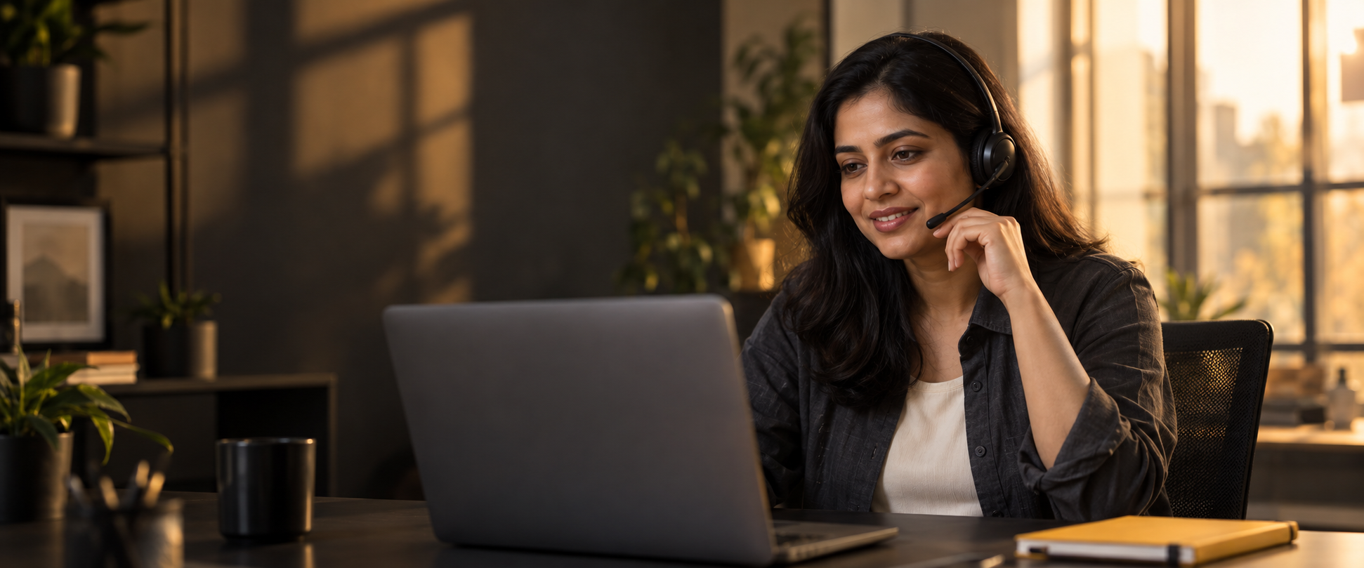Support specialist wearing a headset at a laptop in a warmly lit workspace